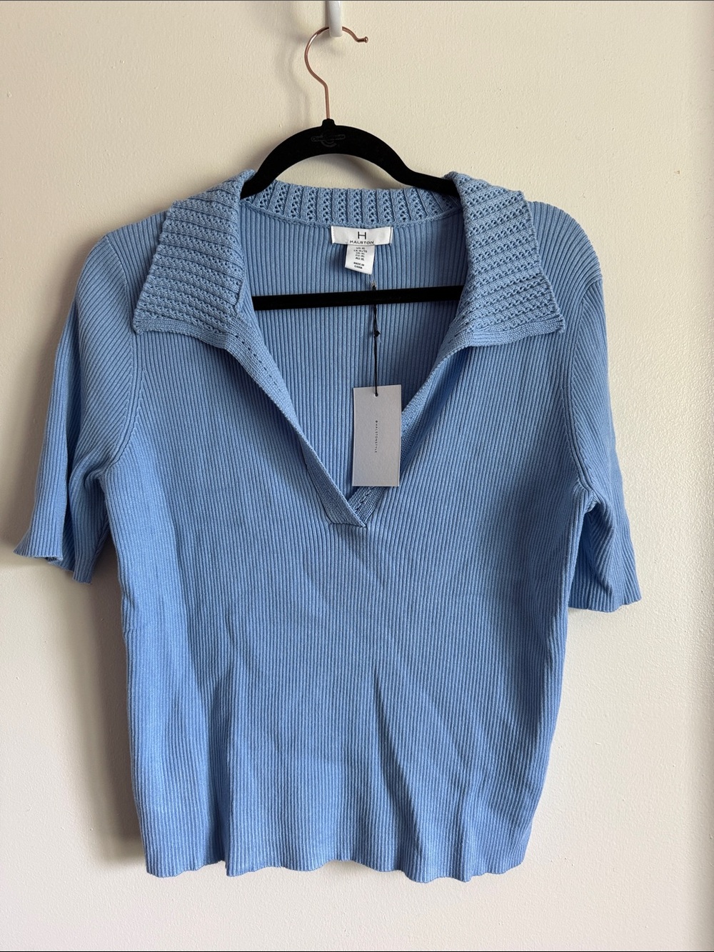 NWT Halston Deep V Light Blue Ribbed V-Neck Polo Sweater Size XL